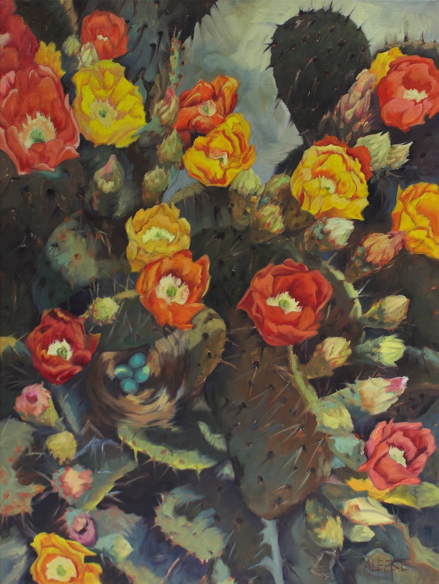 Cactus Blooms with Curve Bill Thrasher Eggs a Painting by Alice Leese, presented by Western Gallery
