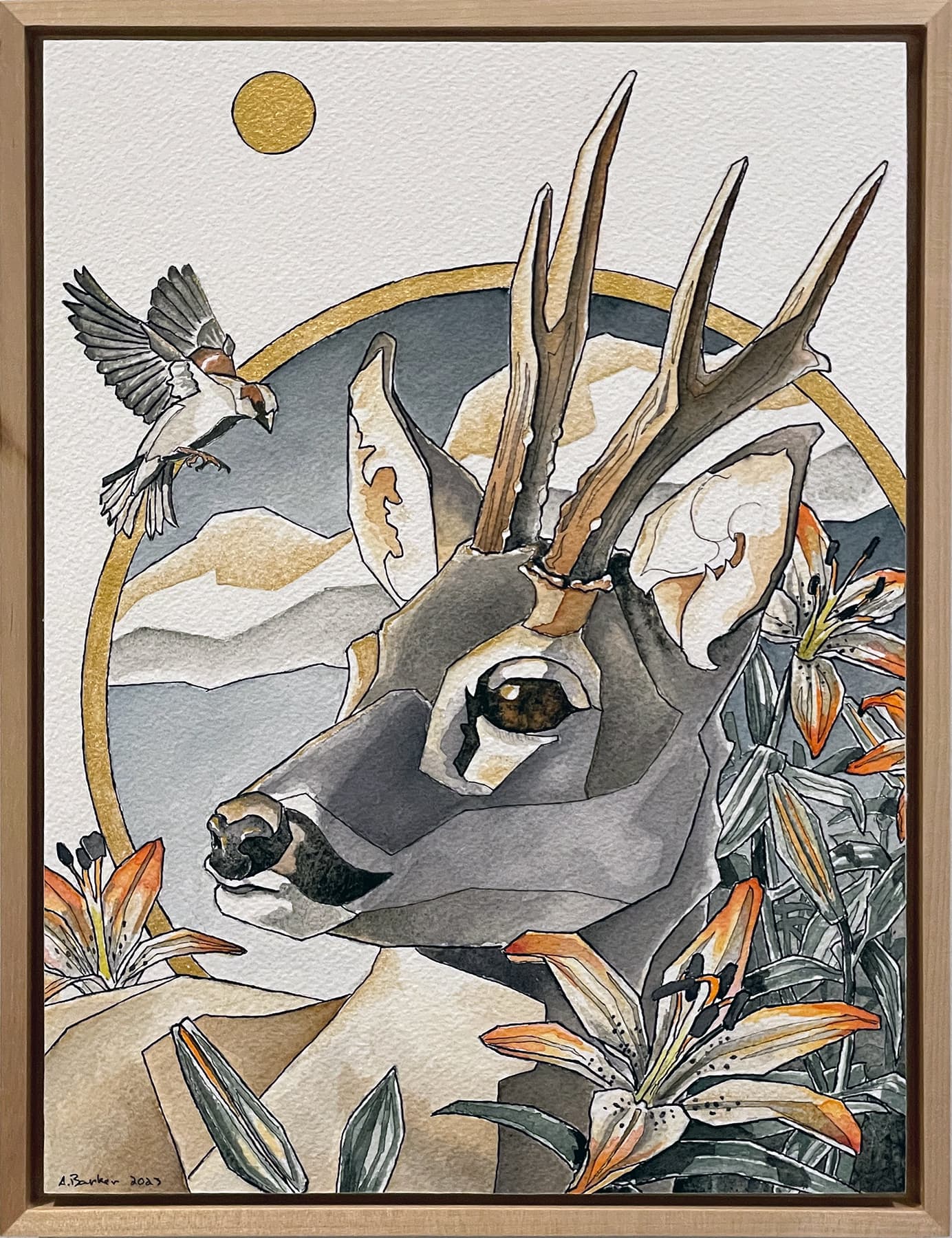 Sparrow & Roe Deer a Painting by Andrew Barker, presented by Western Gallery