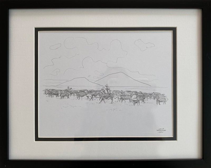Double Mountain Round Up a Drawing by Lucile Wedeking, presented by Western Gallery